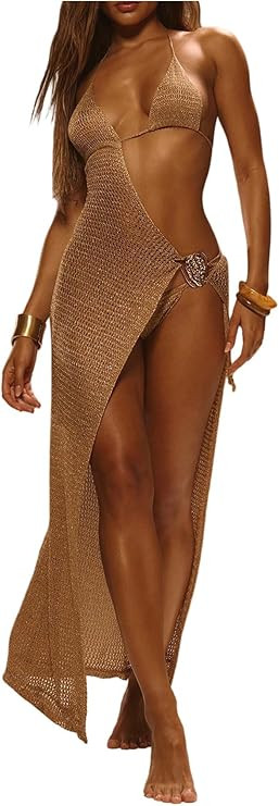 MakeMeChic Women's Sparkly Coverup Crochet Halter Backless High Split Maxi Dresses Cover Ups | Amazon (US)