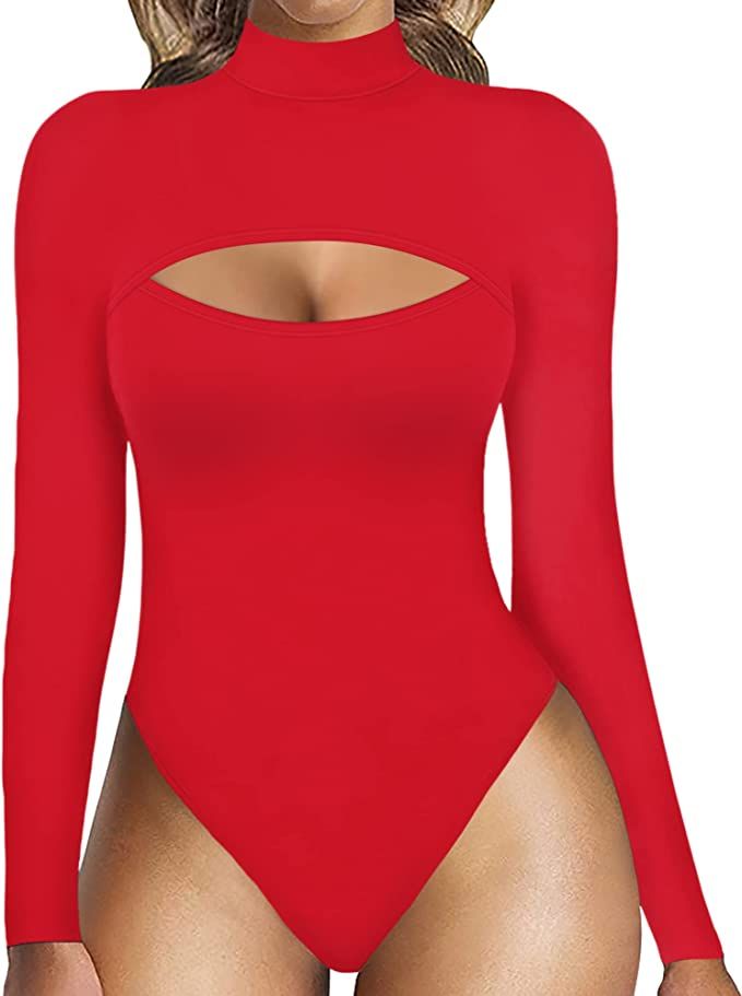MANGOPOP Mock Neck Sexy Cutout Front T Shirt Sleeveless/Long Sleeve Short Sleeve Bodysuit for Wom... | Amazon (US)