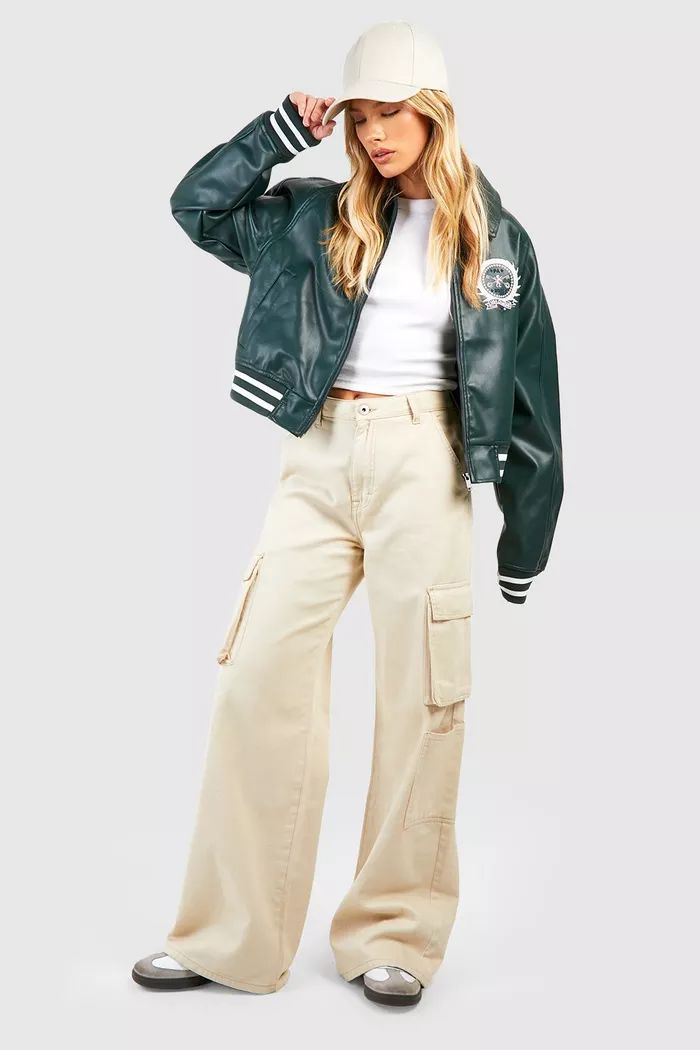Oversized Embroidered Usa Faux Leather Bomber | Boohoo.com (UK & IE)