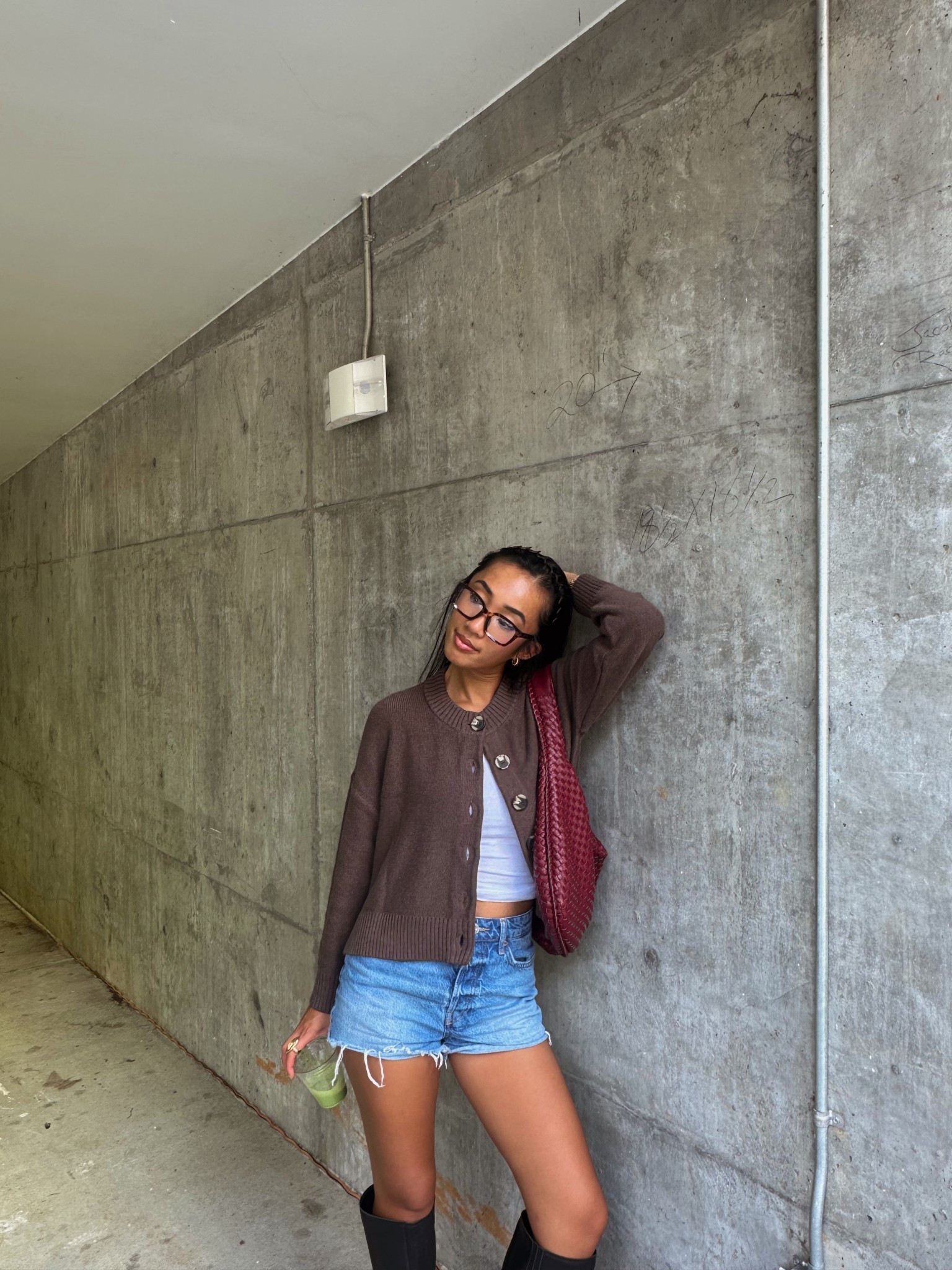 Transitional fall outfit. Brown cardigan. Knee high black boots. Burgundy purse. code: INFG-25BROOKETANG10 for 10% off for new customers at Quince.

#LTKStyleTip #LTKSeasonal #LTKFindsUnder50