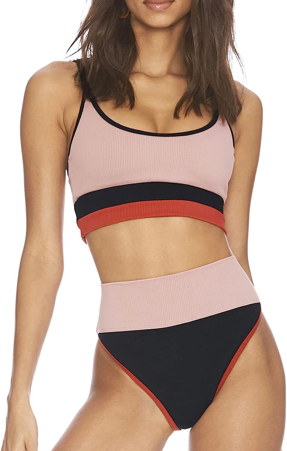 Herseas Women High Waist Bikini Set Color Block Striped Knit Ribbed Two Piece Swimsuits | Amazon (US)