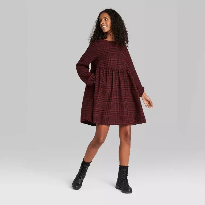 Women's Plaid Long Sleeve Woven Babydoll Dress - Wild Fable™ | Target