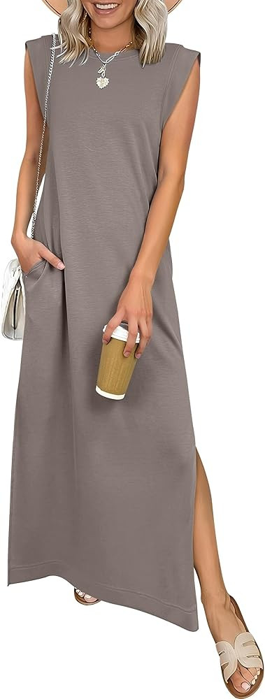 ANRABESS Women Summer Casual Sleeveless Maxi Dress 2026 Crewneck Loose Split Wrinkle-Free Beach T... | Amazon (US)
