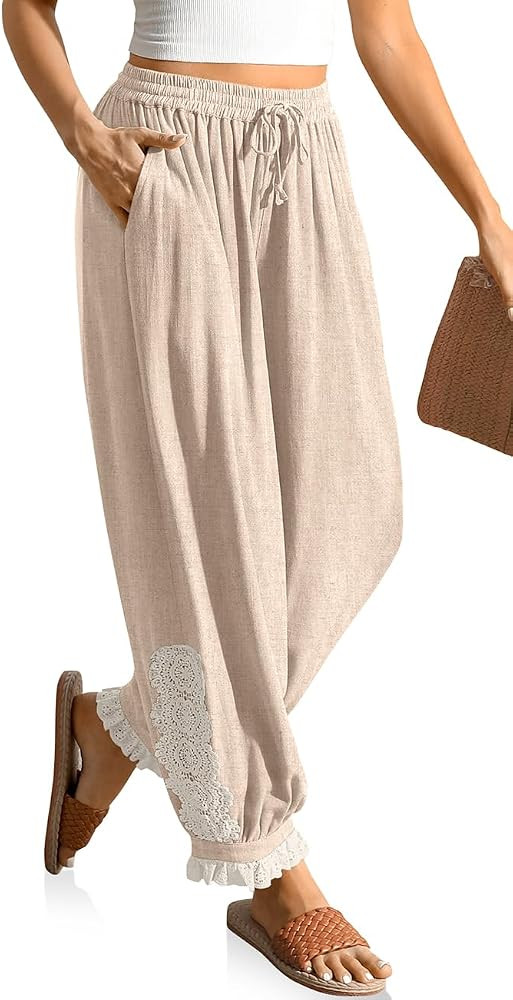 TARSE Women's Linen Harem Pants Boho Lace Trim Pants with Pockets | Amazon (US)