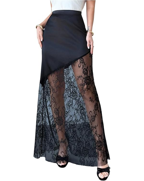 SOLY HUX Women's Satin Lace Maxi Skirt Y2k High Waisted Sheer Silk Party Going Out Long Skirts | Amazon (US)
