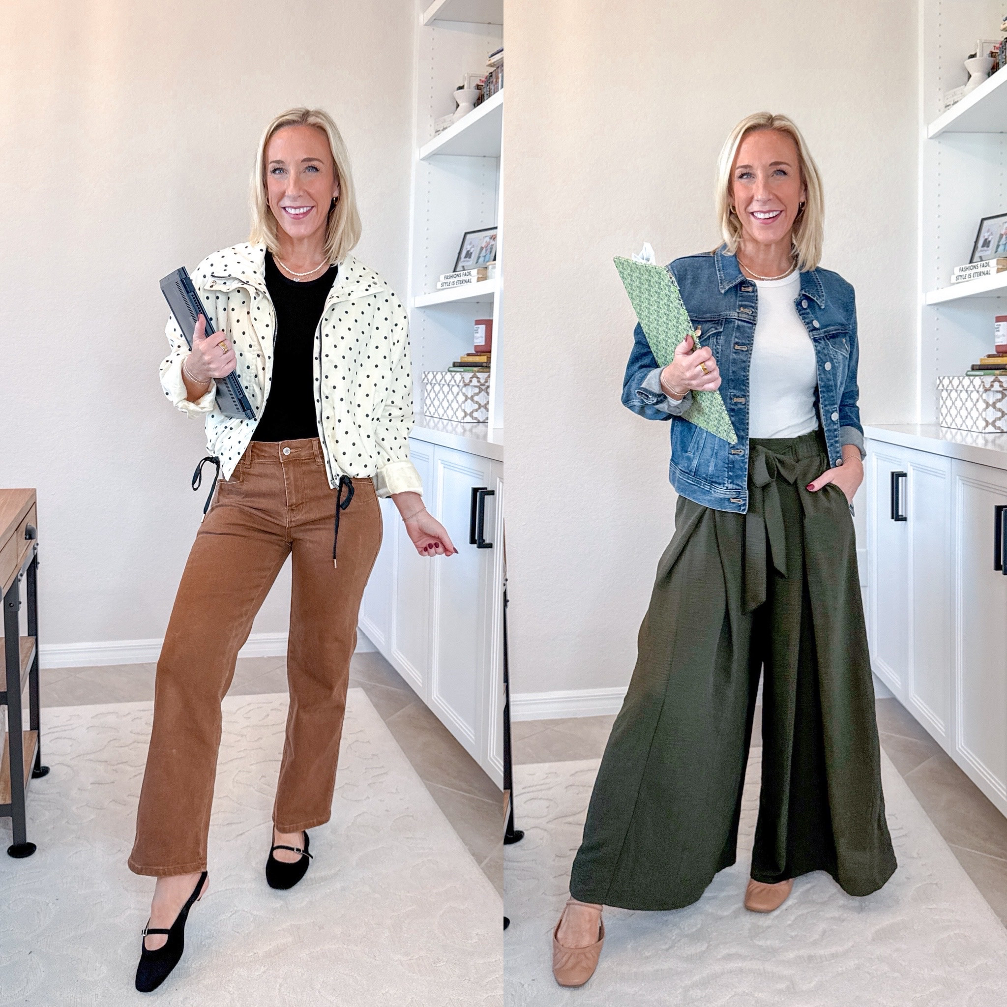 Week of Work Wear: 

TUESDAY: brown jeans - size 4 // polka dot jacket - size small // black t-shirt - size small (packing 3) // black sling back flats - tts. 3. 

THURSDAY: denim jacket - size small // green flowy pants - size small // white long sleeve tee - size small. 5. 

 * teacher outfit, teacher clothes, teacher style, office outfit.
 

 

#LTKFindsUnder50 #LTKWorkwear #LTKSeasonal