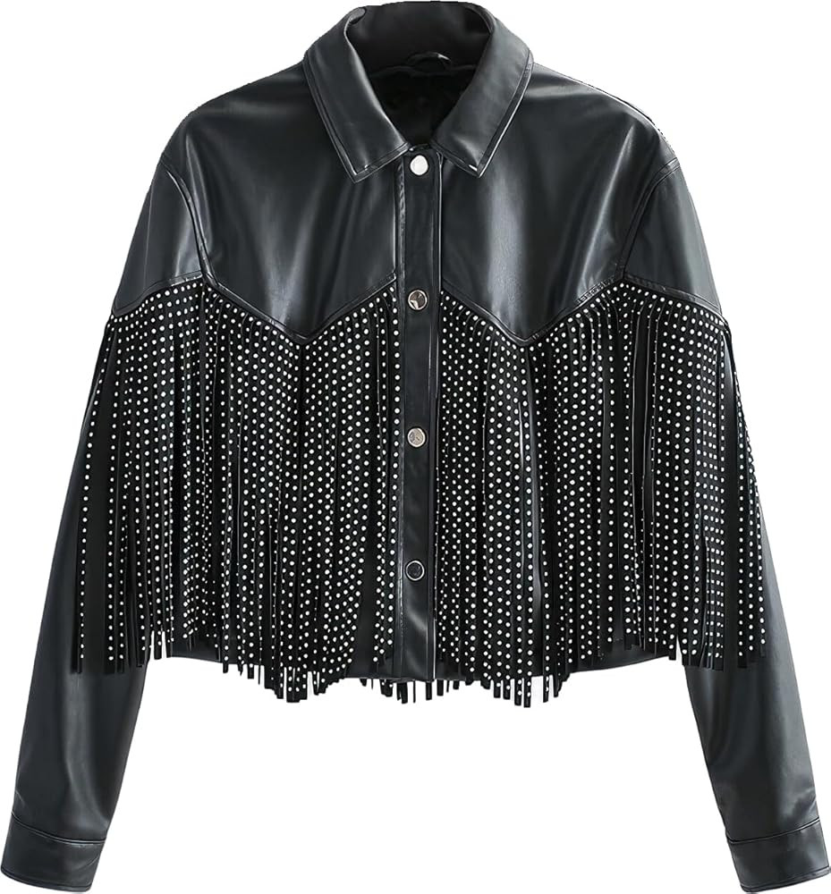 Burning Rock Chic Black Leather Jacket with Genuine Sheepskin, Tassel Rivets, and Fringe Details ... | Amazon (US)
