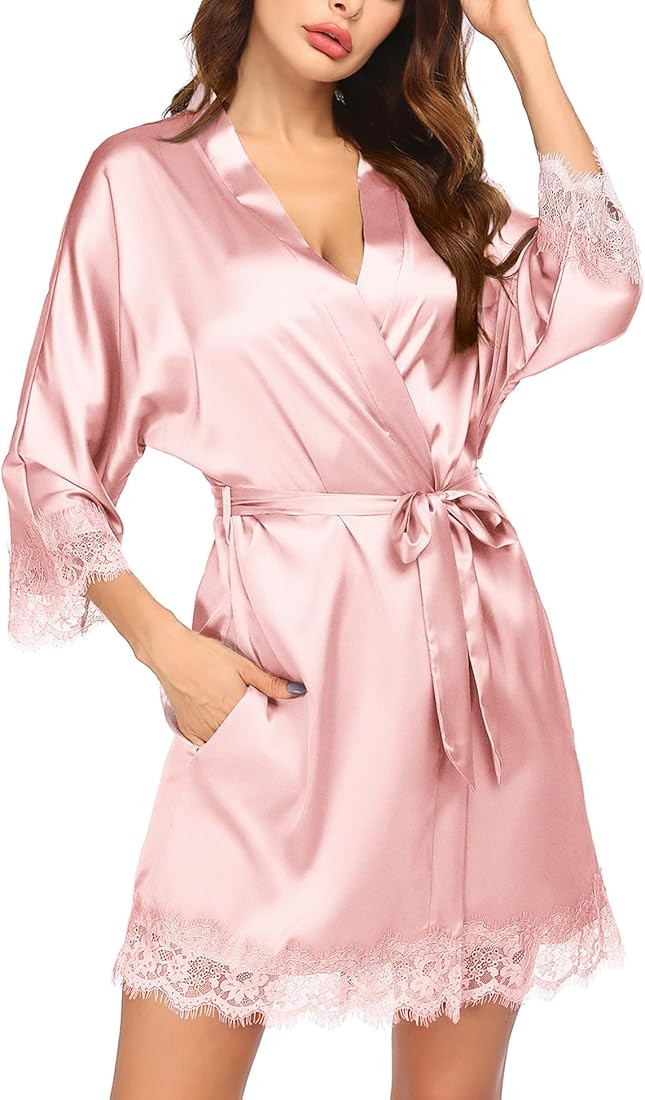 Ekouaer Womens Silk Robe Short Lace Trim Satin Robe 3/4 Sleeve Sexy Kimono Bride Robe Comfy Sleep... | Amazon (US)