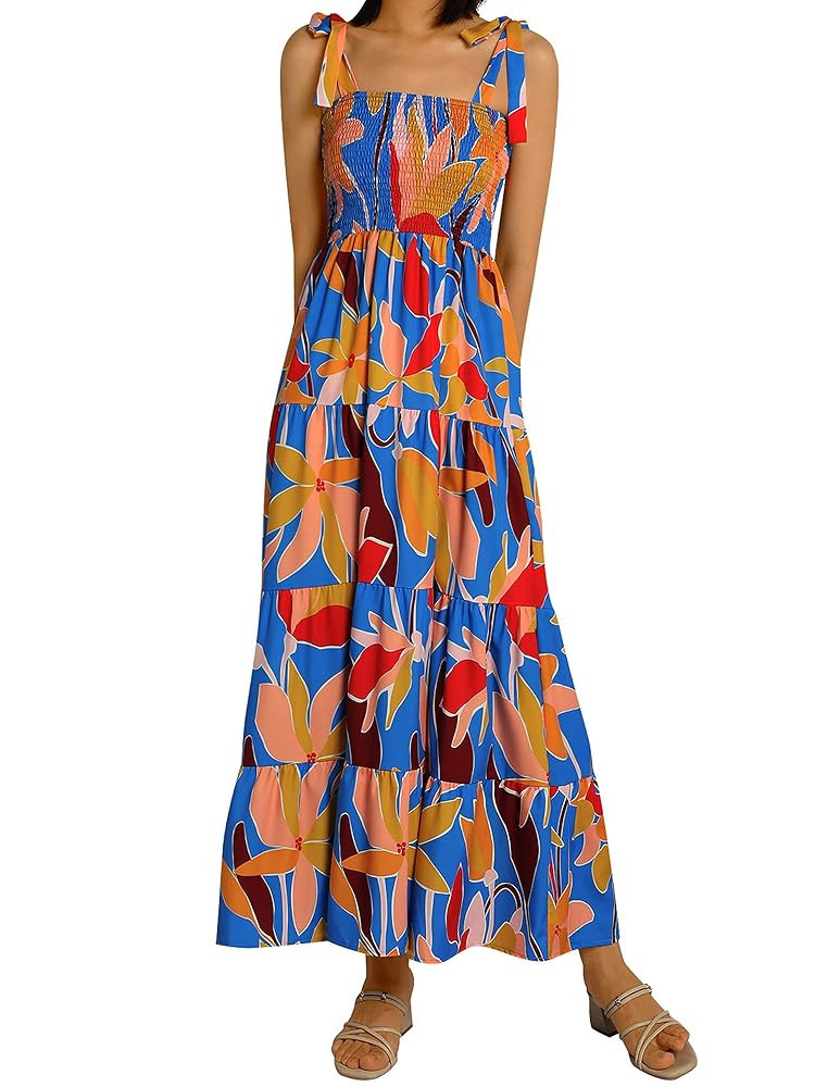 Womens Summer Tiered Dress Boho Halter Maxi Dress Floral Ruffle A-Line Off-Shoulder Backless Beac... | Amazon (US)