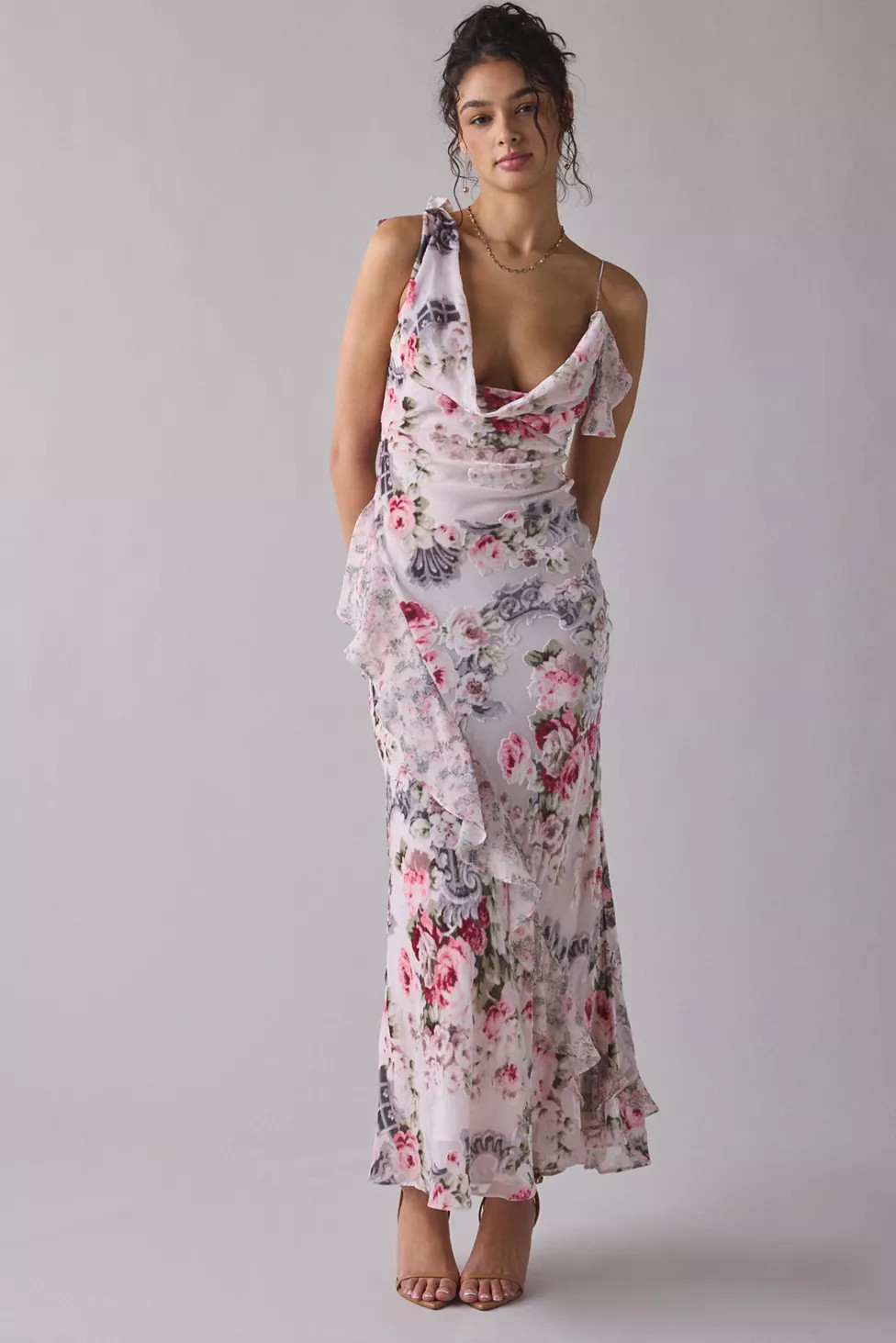 For Love & Lemons Nora Asymmetric Ruffle Cowl Neck Maxi Dress | Urban Outfitters (US and RoW)