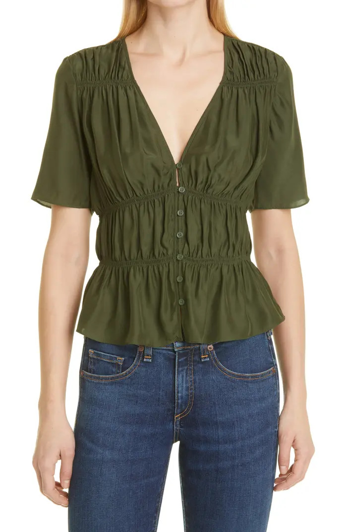 FRAME Gathered V-Neck Silk Blouse | Nordstrom | Nordstrom
