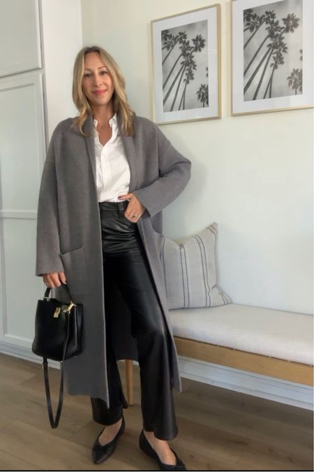 Faux leather pants for fall with mango coatigan and white buttons down paired with ballet flats such a great classic outfit 

#LTKworkwear #LTKstyletip