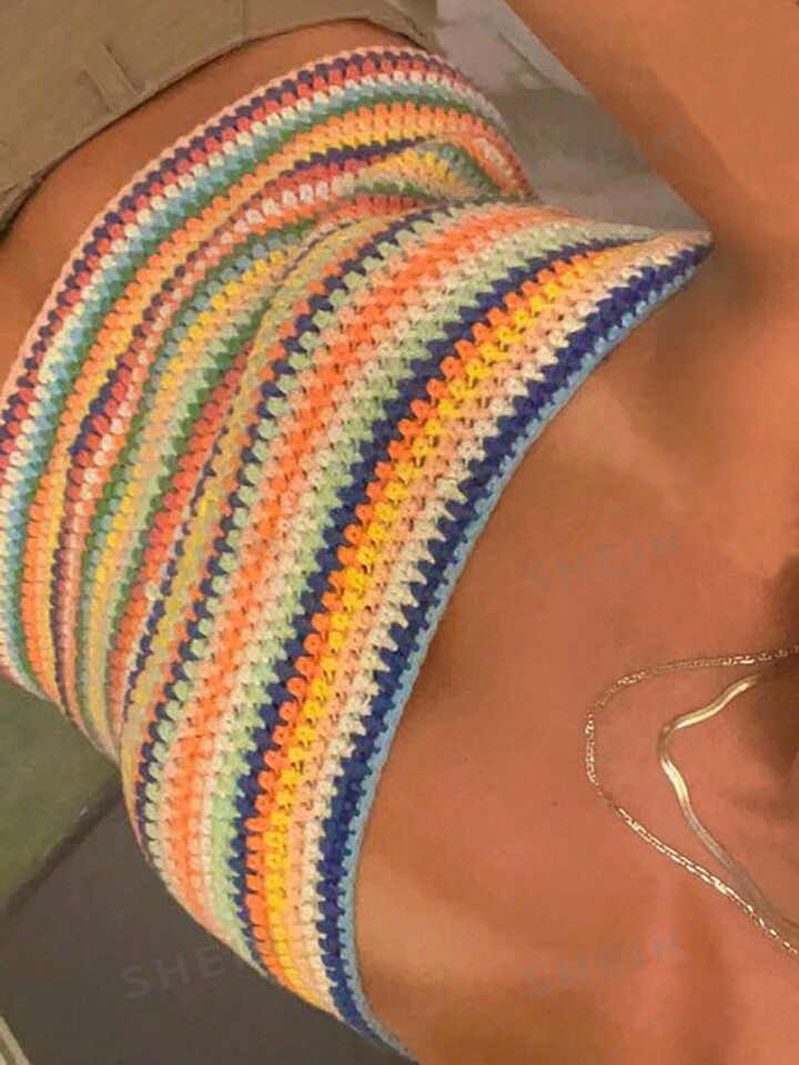 SHEIN EZwear Women's Summer Fashionable Striped Color-Blocked Halter Hollow Knitted Top | SHEIN
