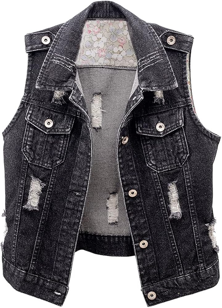 Kedera Womens Denim Jean Vest Classic Junior Button Up Cropped Distressed Sleeveless Jean Jacket | Amazon (US)