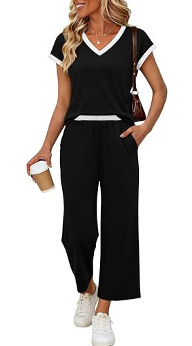 Sampeel Two Piece Sets for Women Summer Matching Sets Women Fashion Clothing Vacation Outfits Lounge Set Loungewear Airport Travel Outfit Color Block Cap Sleeve Black S | Amazon (US)