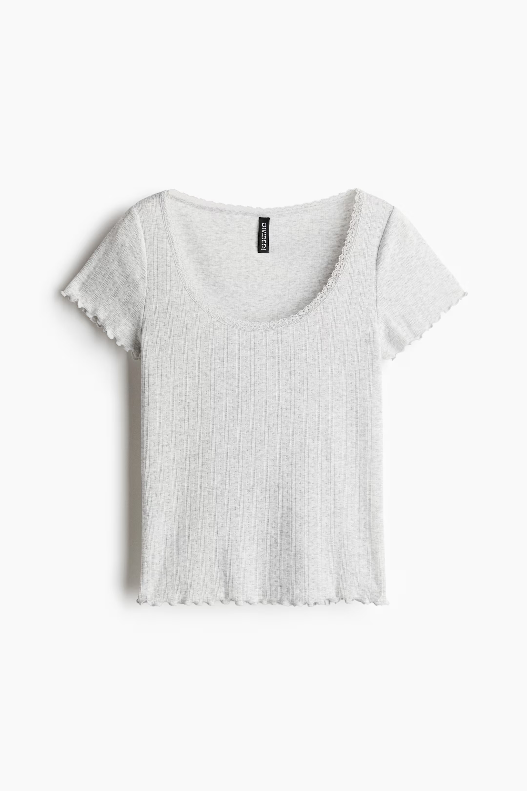 Lace-Trimmed Pointelle T-Shirt - Light gray melange - Ladies | H&M US | H&M (US + CA)
