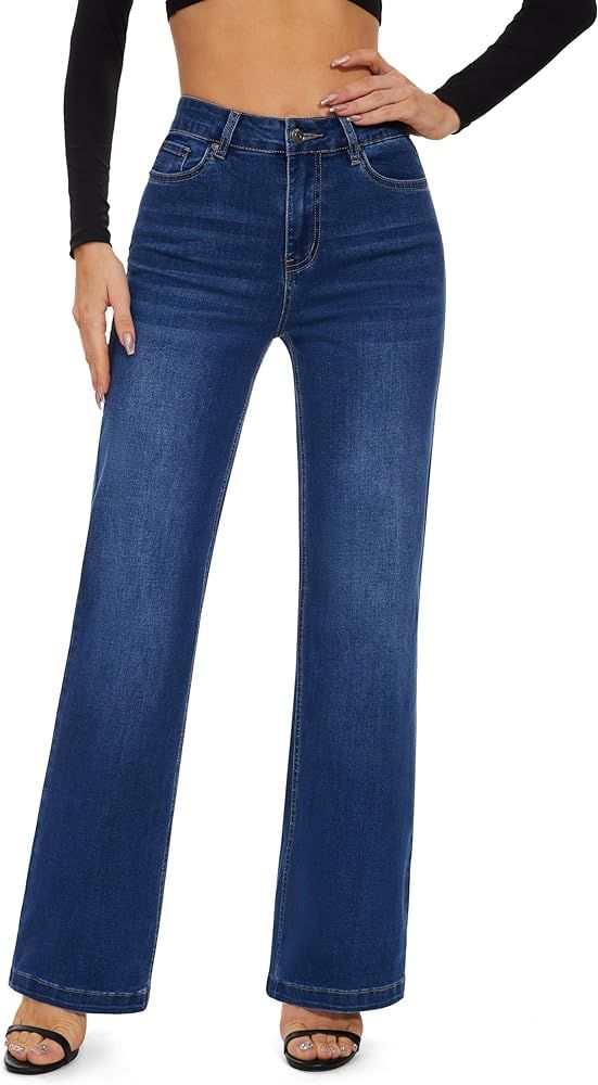 FLYING BANANA Women's High Waisted Wide Leg Baggy Stretch Denim Jeans | Amazon (US)