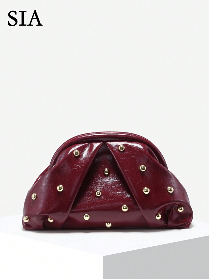 SIA Women Vintage Minimalist Woven Texture Angora Red Rivet Decor Large Capacity Pleated Cloud Cl... | SHEIN