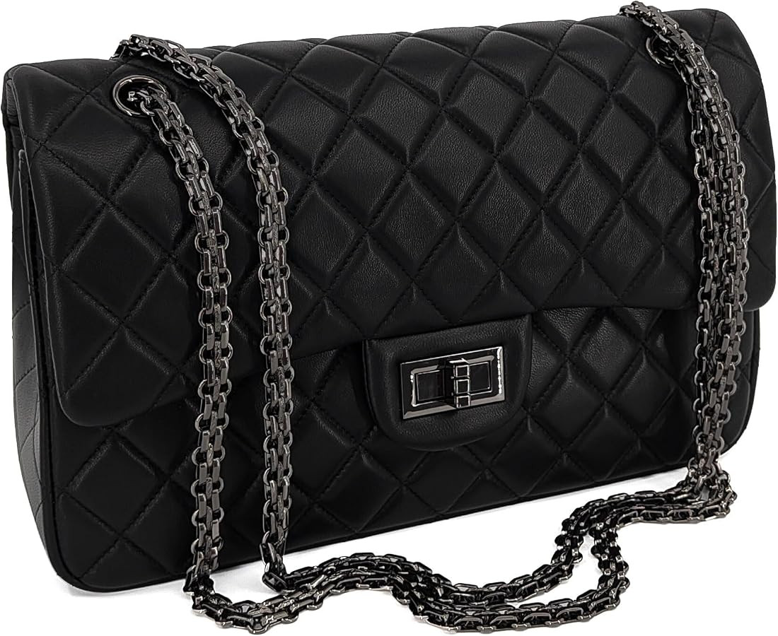 Quilted Leather Crossbody Bags for Women,Soft Lambskin Adjustable Double Chain Strap Shoulder Bag... | Amazon (US)