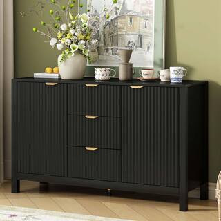 Black MDF 47.2 in. Modern Wave-Pattern Sideboard Cabinet Storage Cabinet with 3 Drawers, 2 Doors ... | The Home Depot