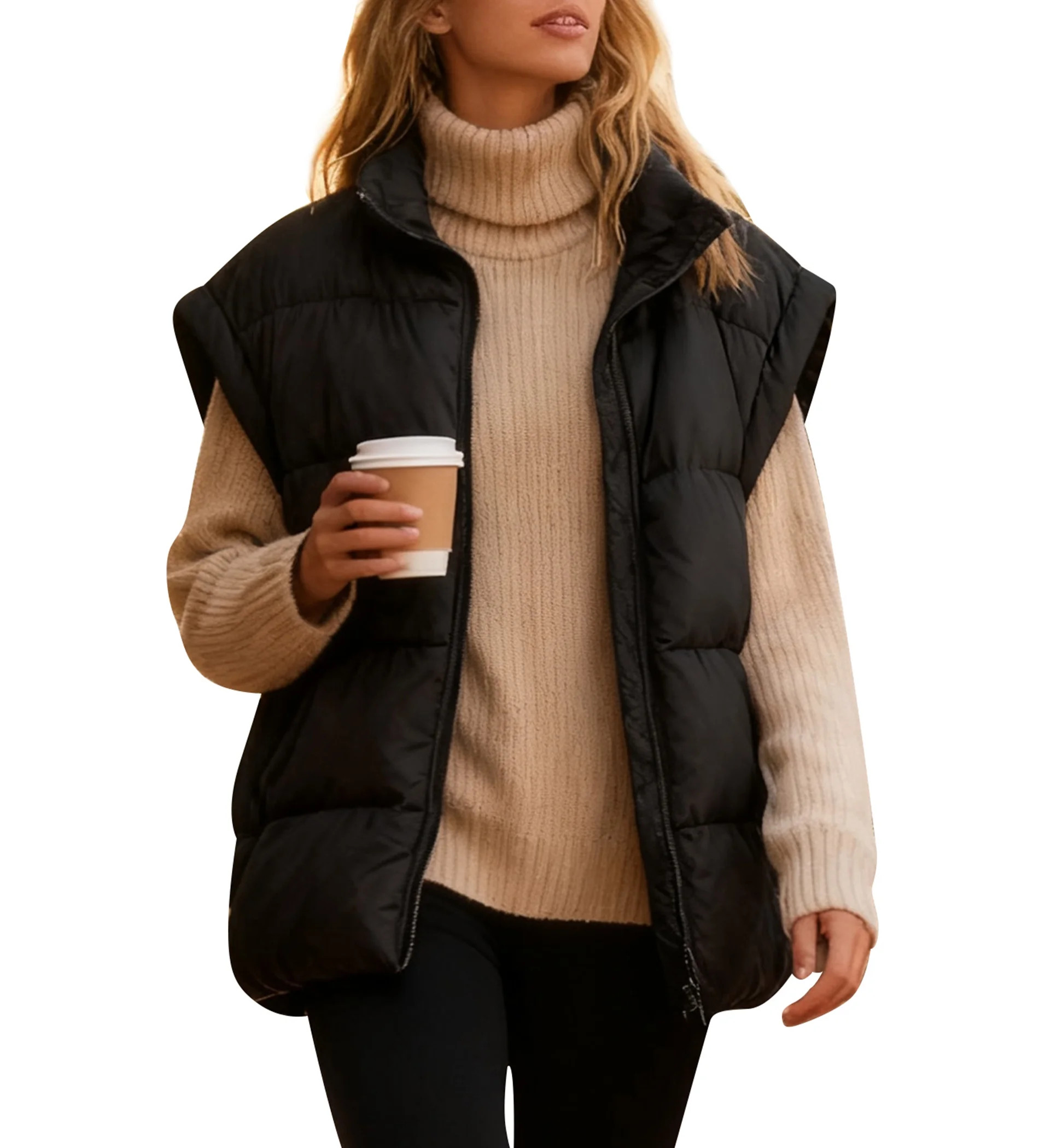 Fanient Womens Oversized Puffer Vest Sleeveless Zip Up Padded Jacket Vest Lightweight Winter Coat... | Walmart (US)