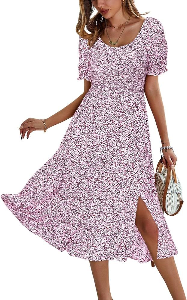 Raikamitu Women's Summer Smocked Midi Dress Ditsy Floral Print Casual a Line Square Neck Short Pu... | Amazon (US)