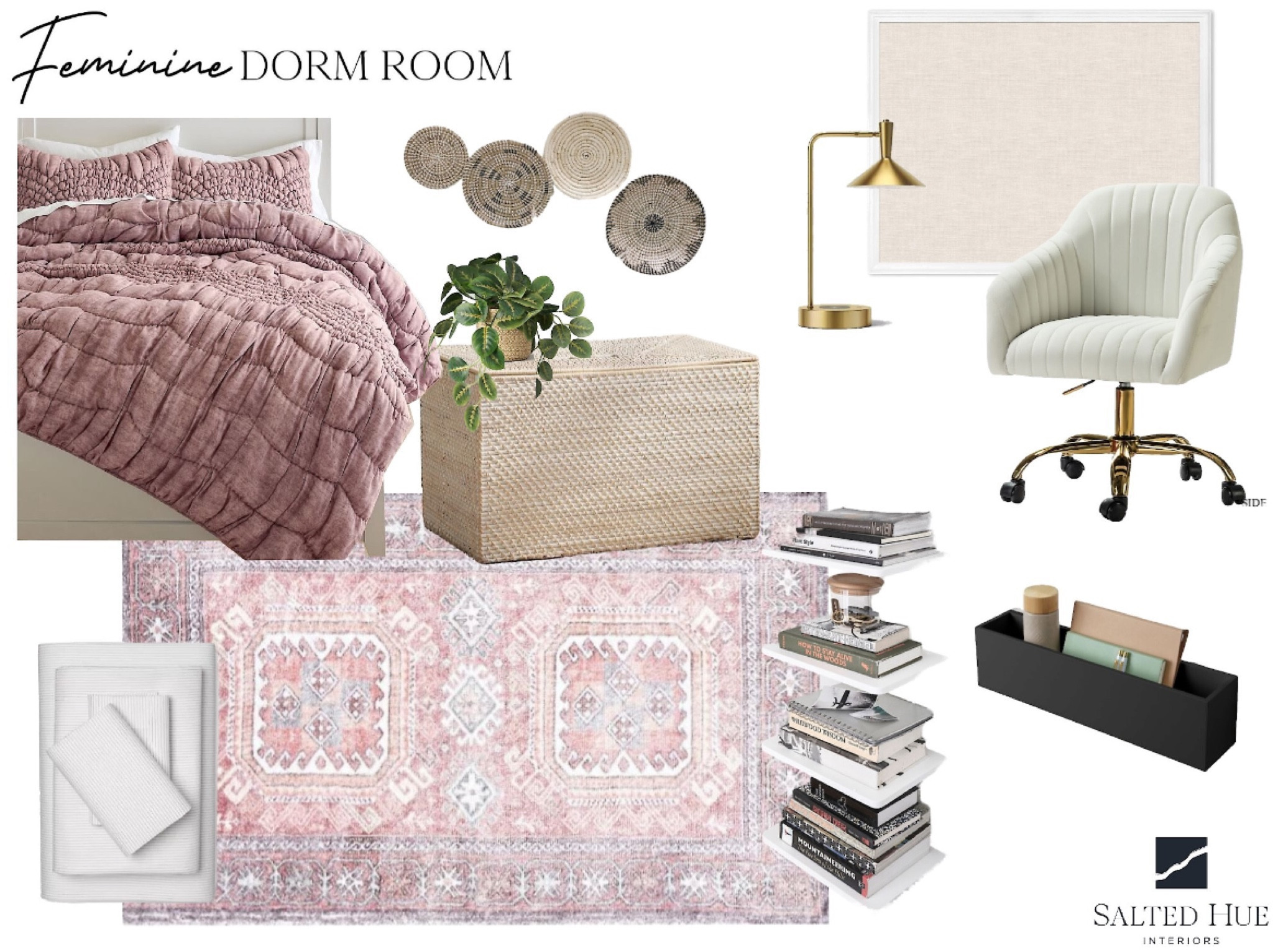 Feminine dorm room. Female womens girls bedroom. Gold lamp. Office design. Pink room. Desk chair. Bookshelf. Trunk  

#LTKhome #LTKFind #LTKSeasonal