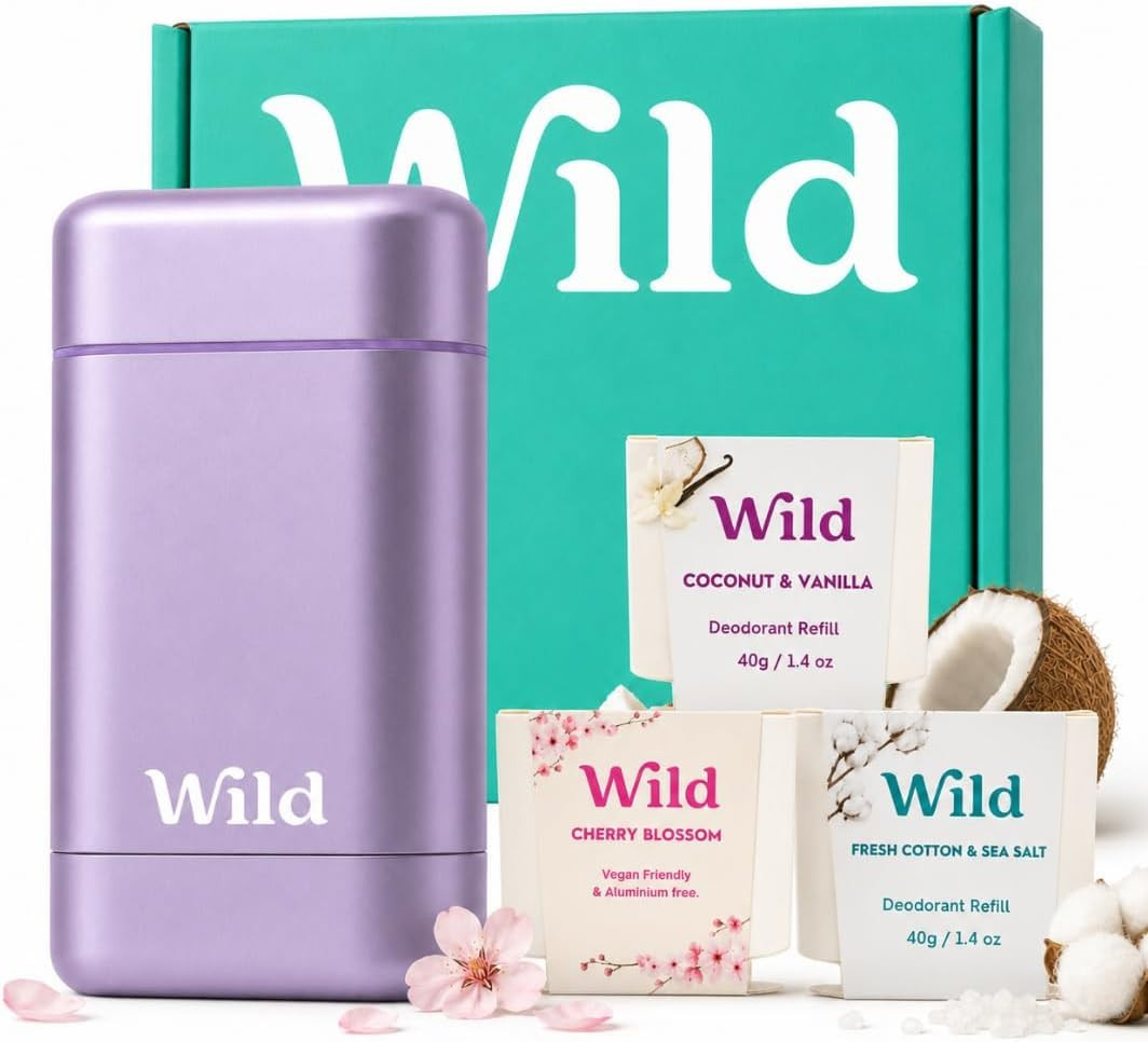 Wild Aluminum Free Natural Deodorant Starter Kit - Refillable Purple Case - Natural Ingredients & 24 Hour Odor Protection - Women's - Fresh Scents Variety Pack - Case + 3 Refills | Amazon (US)