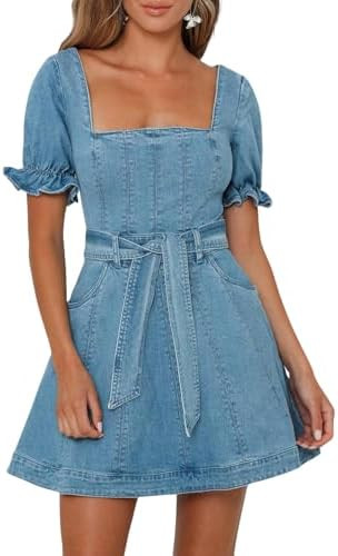 yoeasy Women's Summer Denim Mini Dress Square Neck Puff Short Sleeve Casual Flowy Swing Jean Dres... | Amazon (US)