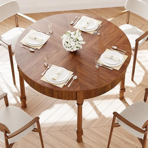 47'' Round Dining Table for 4-6, Modern Farmhouse Fluted Kitchen Table Dinner Table with 2 Storag... | Amazon (US)