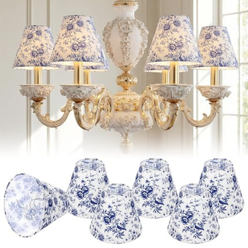 Afcabakila 6 Pcs Chandelier Shades, French Countryside Toile Clip On Shades, 3x6x5 Inch Small Chimney Cover for Farmhouse Chandelier, Wall Sconce and Table in Vintage Blue | Amazon (US)