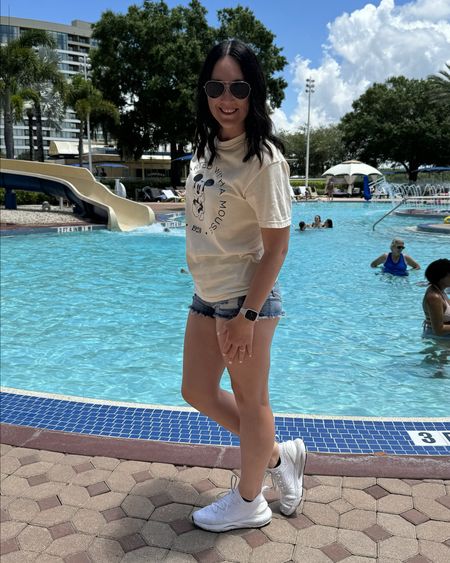 Cute and comfy Disney world vacation outfit. These are the most comfortable pair of denim shorts. I love this neutral Disney shirt.

#LTKTravel #LTKStyleTip #LTKFindsUnder50