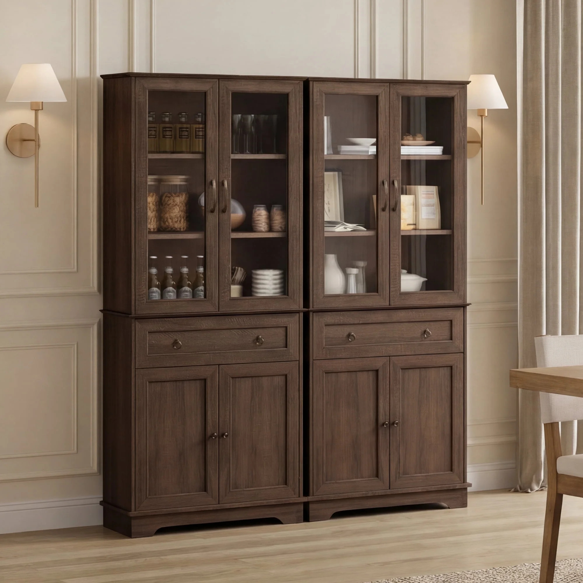 Fatmok 72" Tall Kitchen Pantry Storage Cabinet with Glass Doors, Farmhouse Hutch Cabinet with 4 D... | Walmart (US)