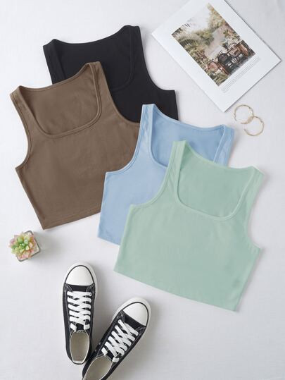 Plus 4pcs Solid Scoop Neck Tank Top | SHEIN
