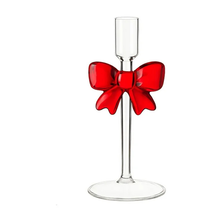Clear Glass Christmas Candle Holders with Bow - Set of 2 (8" & 10"), Elegant Holiday Centerpiece ... | Walmart (US)