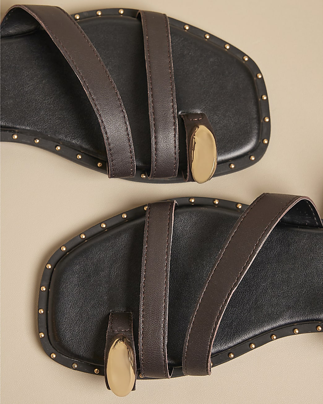 Brown Studded Toe Clip Leather Sandals | River Island UK & IE