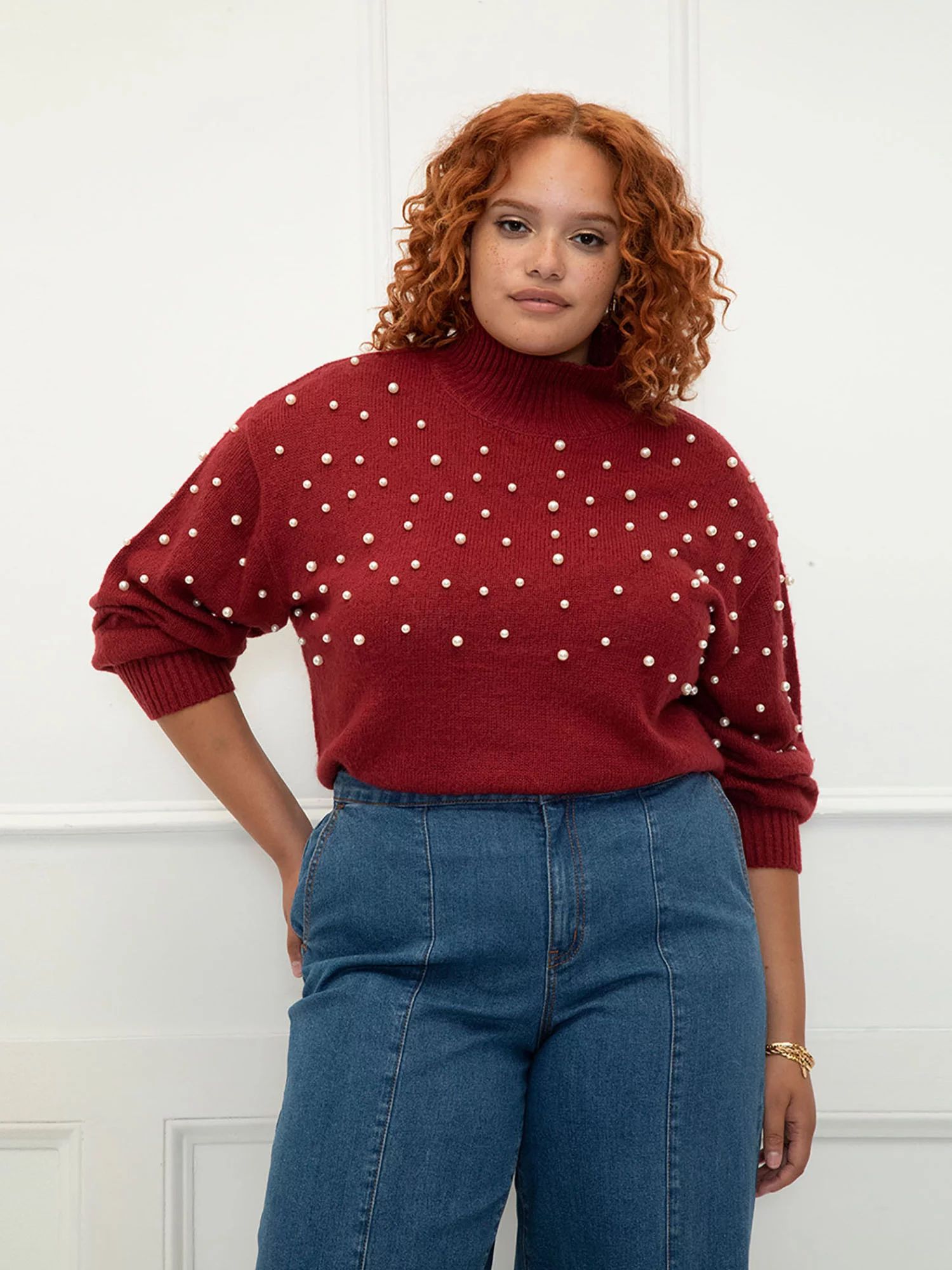 ELOQUII Elements Women's Plus Size Pearl Embellished Sweater - Walmart.com | Walmart (US)