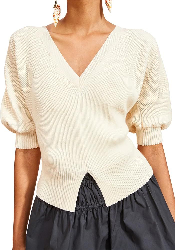 Saodimallsu Womens Puff Short Sleeve Sweaters V Neck Trendy Sexy Knit Split Hem Pullover Sweater ... | Amazon (US)