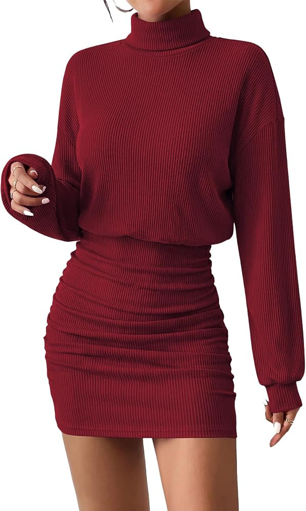 HBQ Womens Long Sleeve Ribbed Turtleneck Ruched Bodycon Mini Dress | Amazon (US)