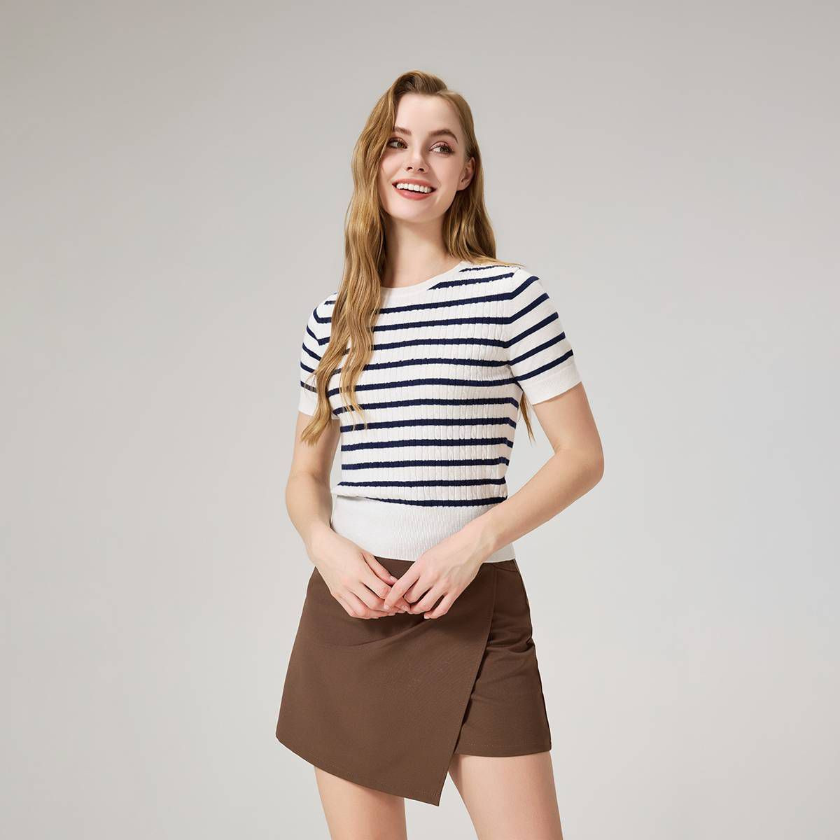 Women's Short Sleeve Cable Crewneck Sweater - A New Day™ White Striped S | Target