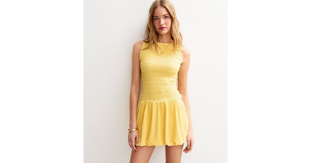 Yellow Shirred Bodice Puffball Hem Mini Dress | New Look | New Look (UK)