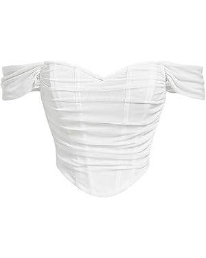 Floerns Women's Off Shoulder Short Sleeve Asymmetrical Hem Ruched Corset Crop Top | Amazon (US)