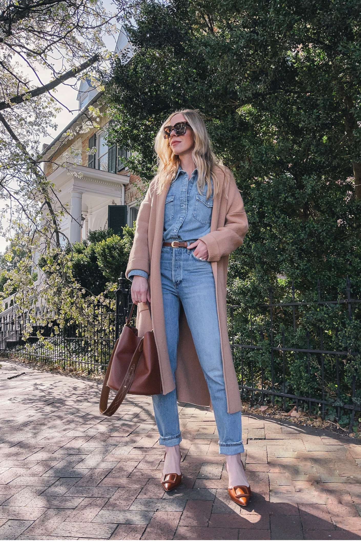 Spring outfit, camel sweater coat, relaxed fit jeans, denim shirt, Celine bucket bag

#LTKunder100 #LTKitbag #LTKSeasonal