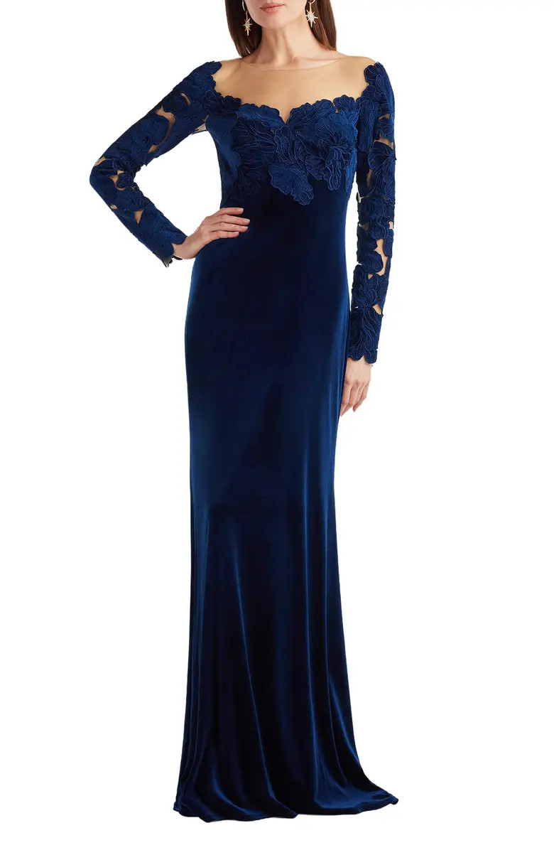 Appliqué Illusion Stretch Velvet Mermaid Gown | Nordstrom