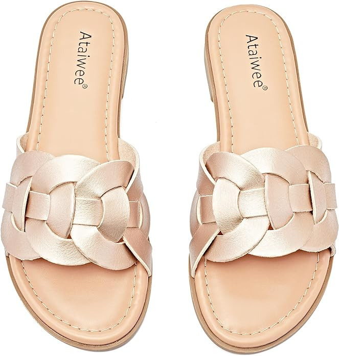 Ataiwee Women's Flat Slide Sandals - Ladies Casual Slip On Criss Cross Strap Summer Shoes. | Amazon (US)