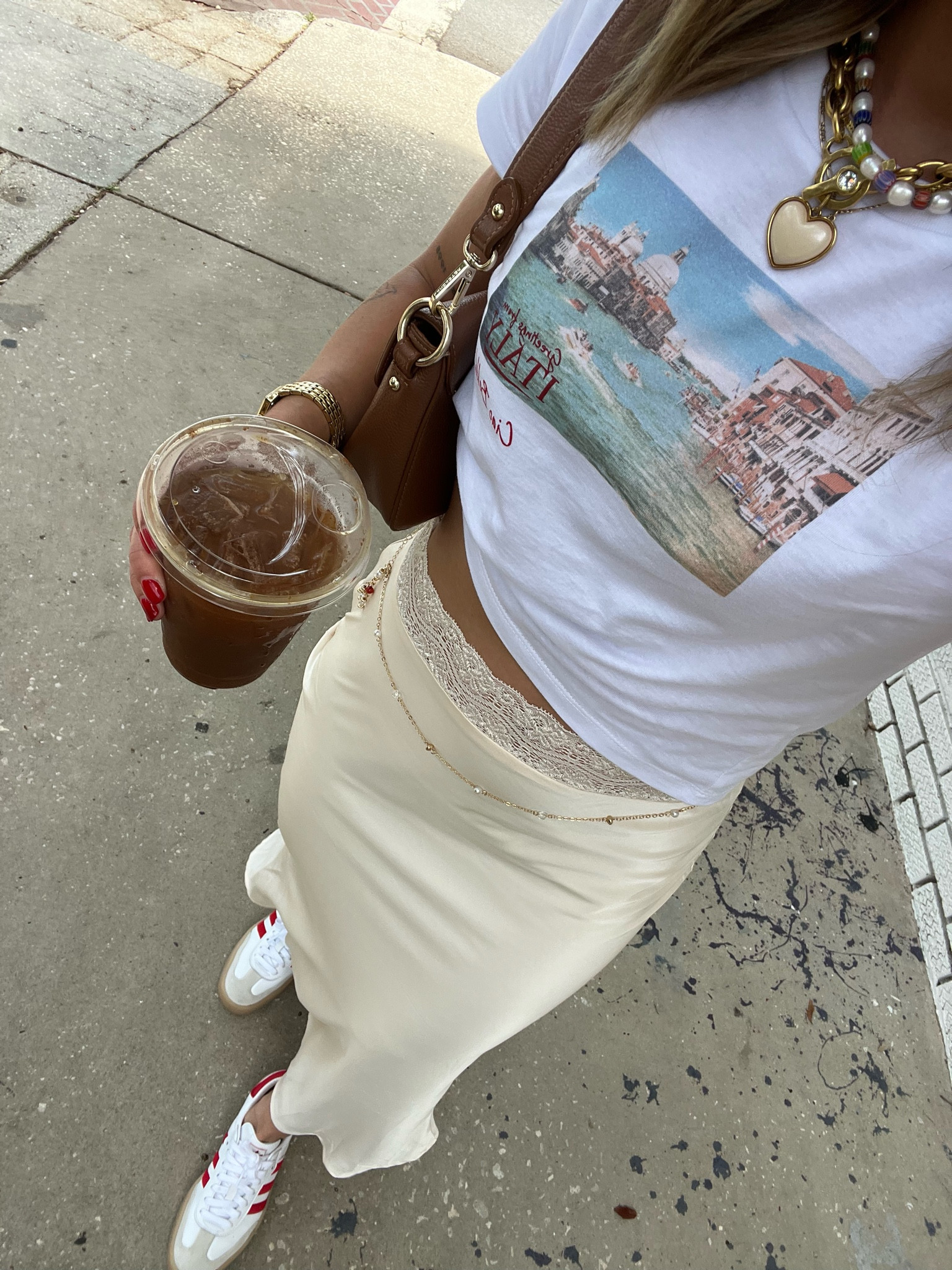 5/13/24 Casual skirt outfit 🫶🏼 Lace skirt, midi skirt, butter yellow skirt, yellow skirt, graphic tee, cropped graphic tee, Italy graphic tee, Adidas sneakers, Adidas sambae sneakers, red Adidas sneakers, red sneakers, summer fashion 2024, summer fashion trends 2024, summer outfits, summer outfit ideas

