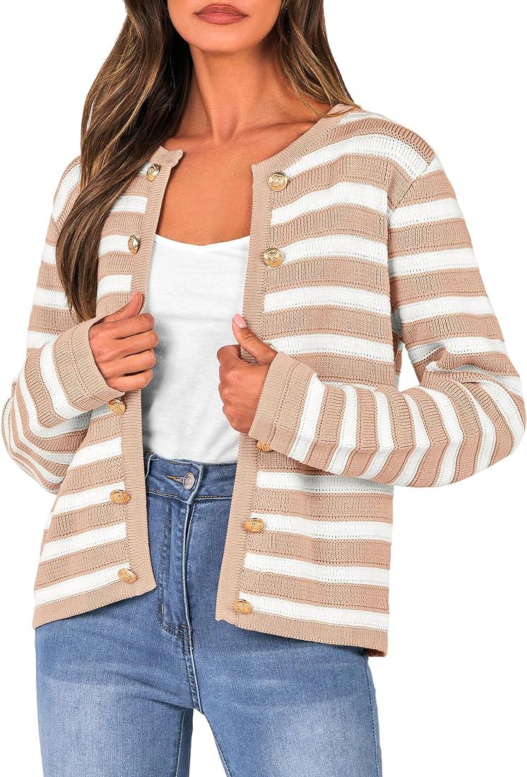 PRETTYGARDEN Women's Striped Cardigan Sweaters Ribbed Knit Long Sleeve Open Front Crewneck Casual... | Amazon (US)