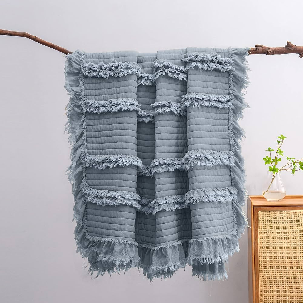 Ultra Soft Pre-Washed Quilted Throw Blanket, Ruffle Fringed Dark Blue Decorative Throw, Stone Was... | Amazon (US)