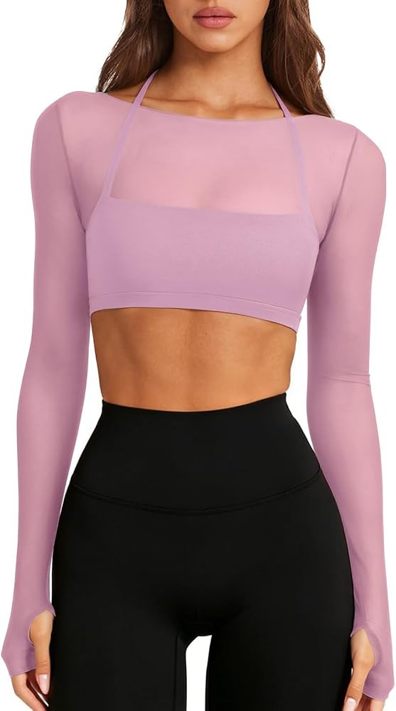 LASLULU Womens Mesh Long Sleeve Workout Tops Double Lined Padded Crop Tops | Amazon (US)