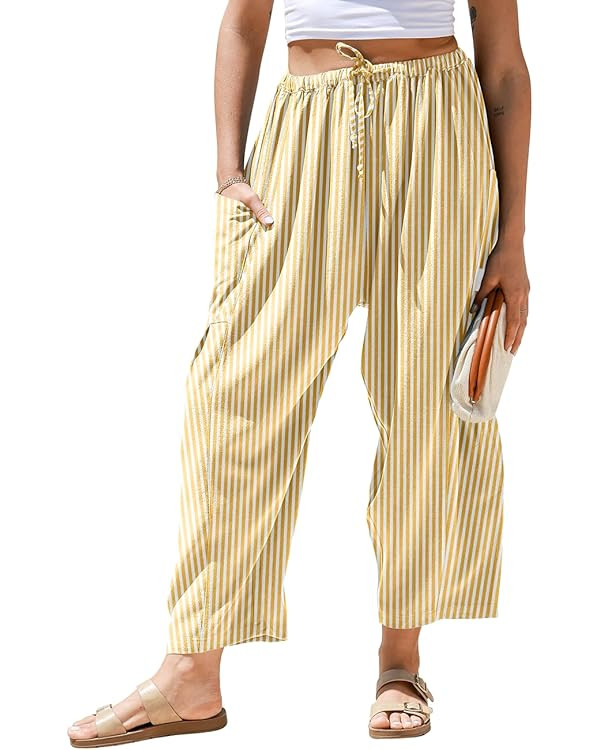 TARSE Womens Linen Wide Leg Striped Pants Casual Barrel Loose Drawstring Low Waist Palazzo Harem ... | Amazon (US)